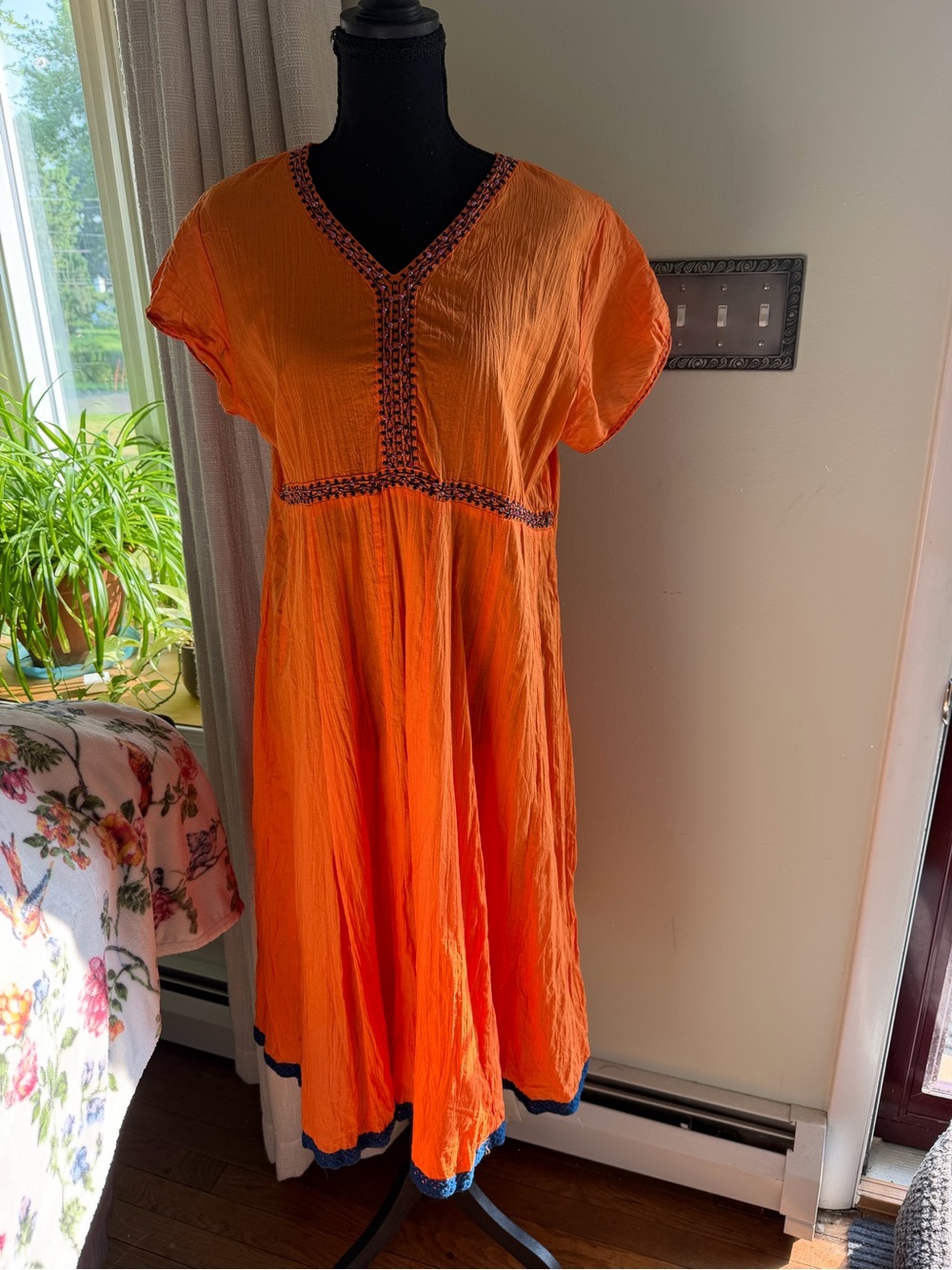 Melange Bright Orange Midi Dress with Navy Trim